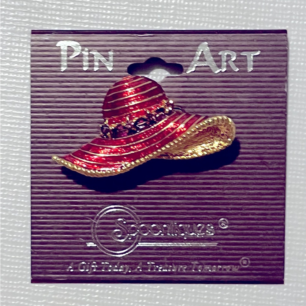 Vintage SPOONTIQUES Gold tone Red Hat Ladies Brooch Pin